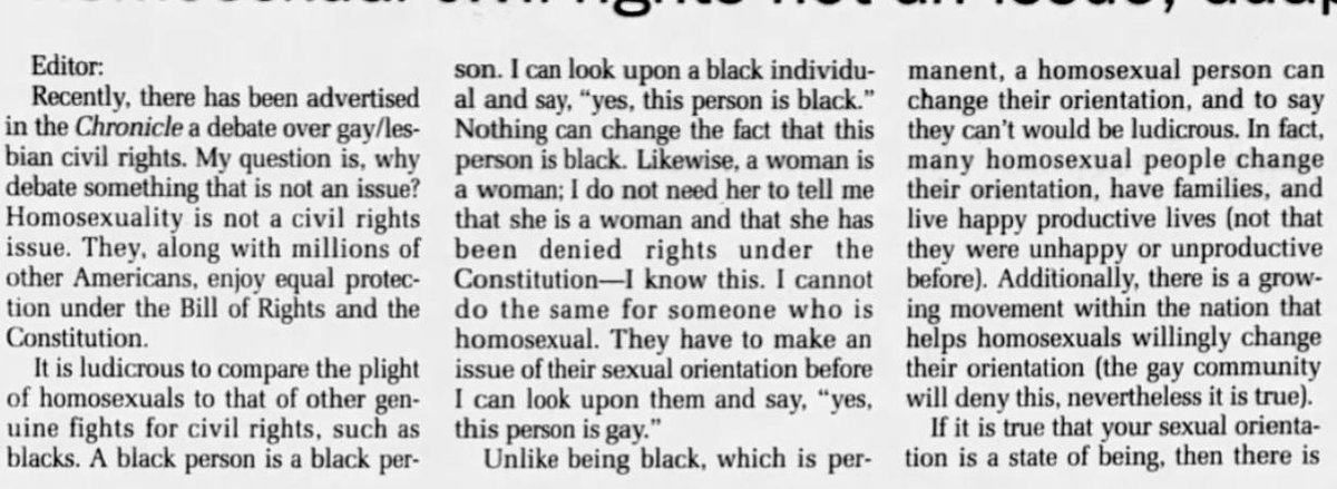 The Daily Utah Chronicle (SLC, UT) 1993-10-21"It is ludicrous to compare the plight of homosexuals to that of other genuine fights for civil rights, such as blacks."