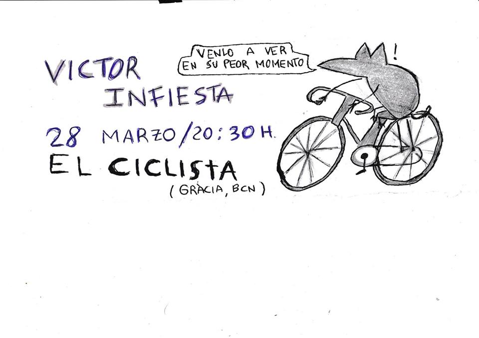 Victor_Infiesta's tweet photo. MAÑANA, CONCIERTO EN @elciclistabar 20:30h. Por los barrios de Gràcia hay un cantautor más con cosas super importantes que decir que por supuesto os interesan mucho. ¡No te lo pierdas! #SaveThePlanetKillYourself ✊ https://t.co/BRu4LfSJSQ