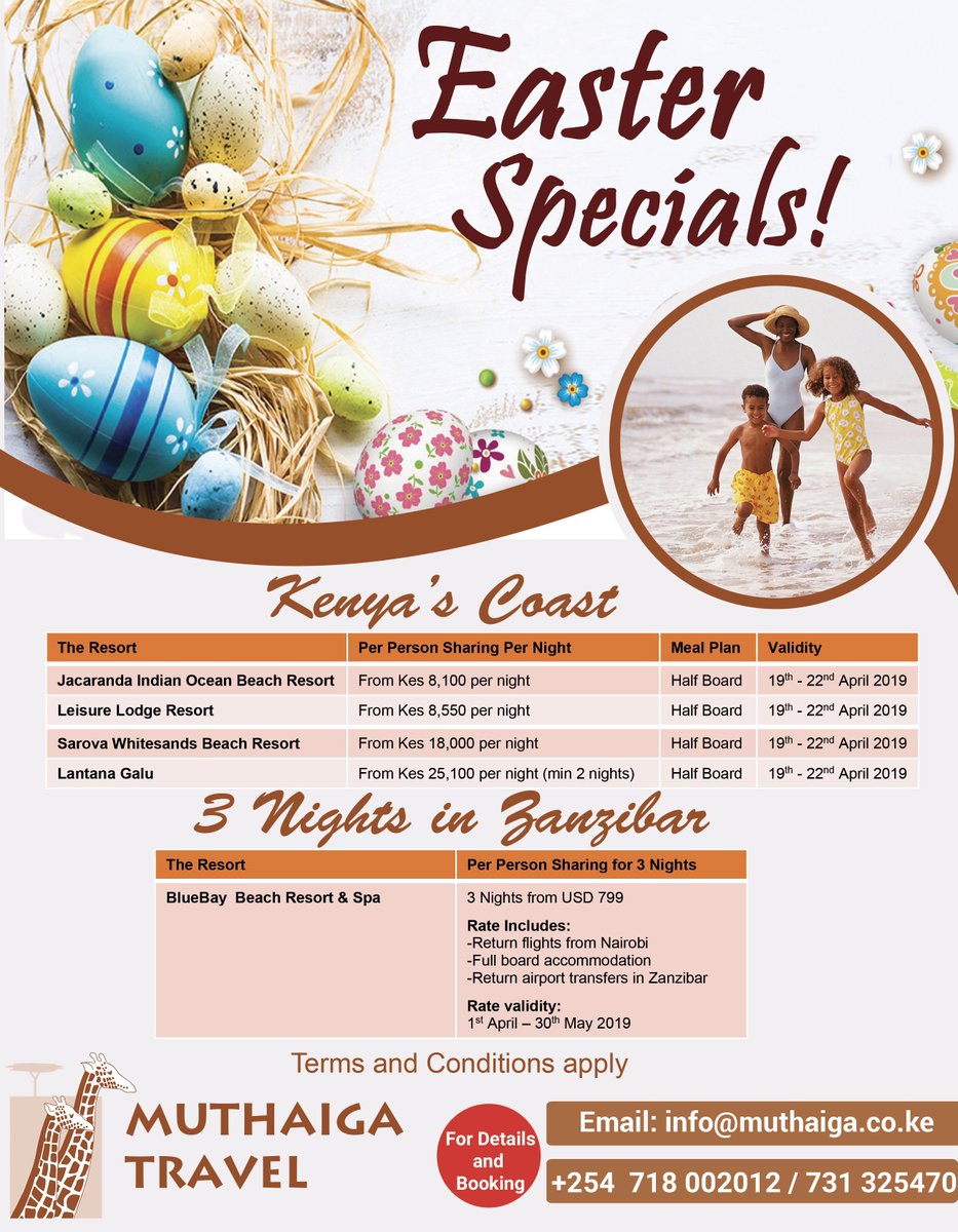 MuthaigaTravel's tweet image. Exciting Easter Holiday Deals at the coast #AllInOneBundle
BOOK TODAY!
Call: +254 718 002012 / 731 325470 Email: info@muthaiga.co.ke