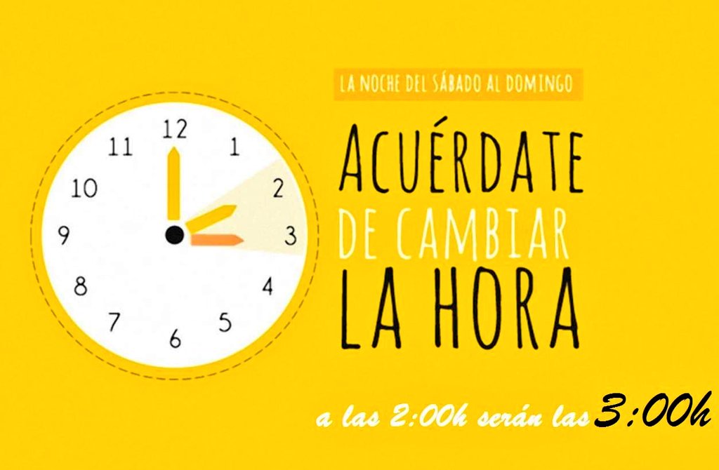 Os recordamos que la noche del sábado al domingo hay cambio de hora.
A las 2 serán las 3.
