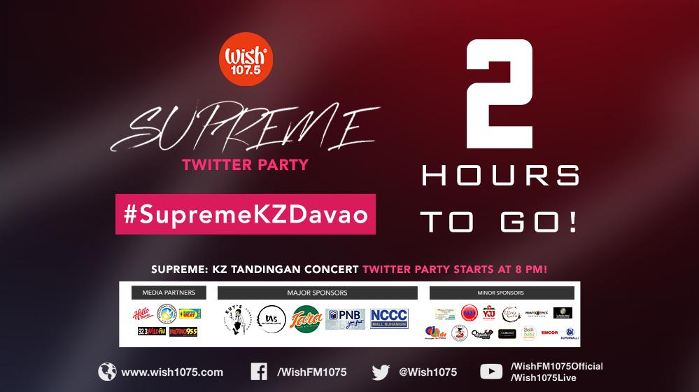 wish1075's tweet photo. The SUPREME Twitter party will start in just 2 hours. Set your alarms at 8 p.m. PHT to make your tweets count! https://t.co/NBhdrjAXi5
