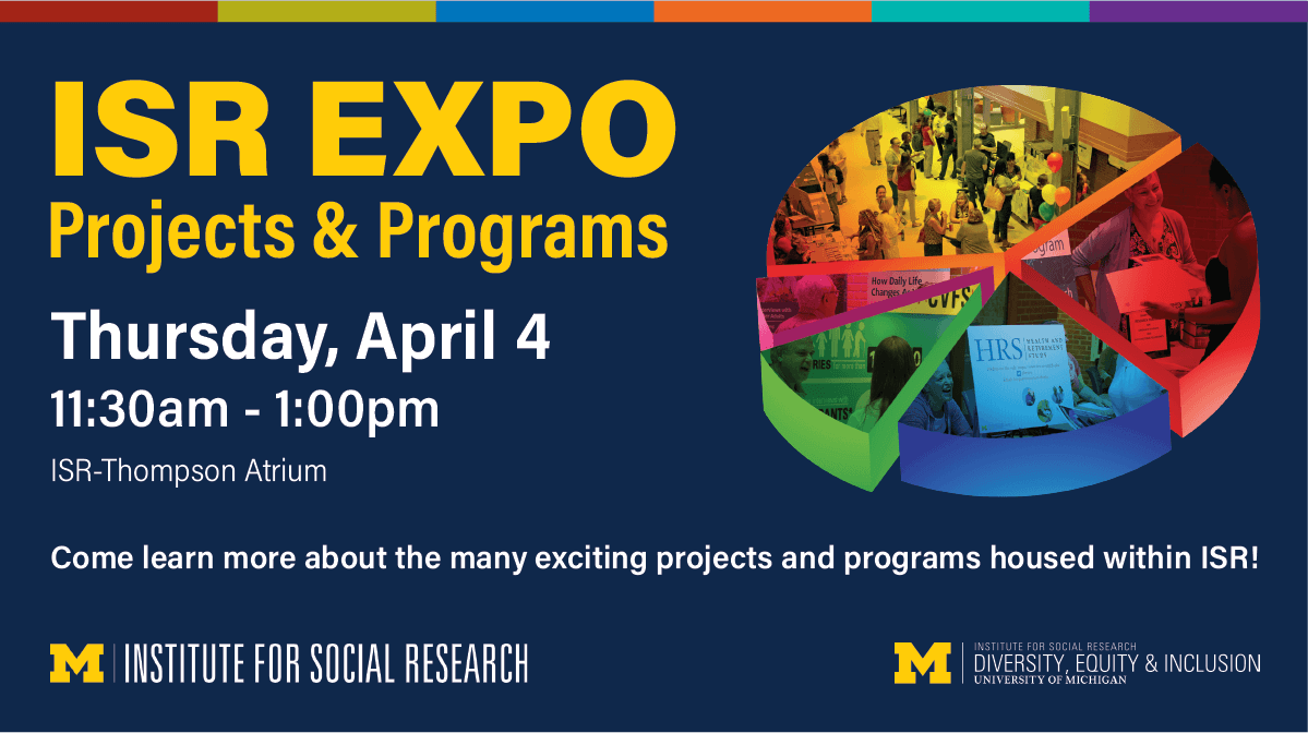 umisr's tweet photo. April 4 @ 11:30am:
Enjoy a variety of fun food! (while supplies last)
Xplore the rich portfolio of ISR social science research projects!
Peruse a variety of training programs for students, postdocs & faculty!
Observe the many opportunities for involvement & engage! https://t.co/xM3wBbRGqb