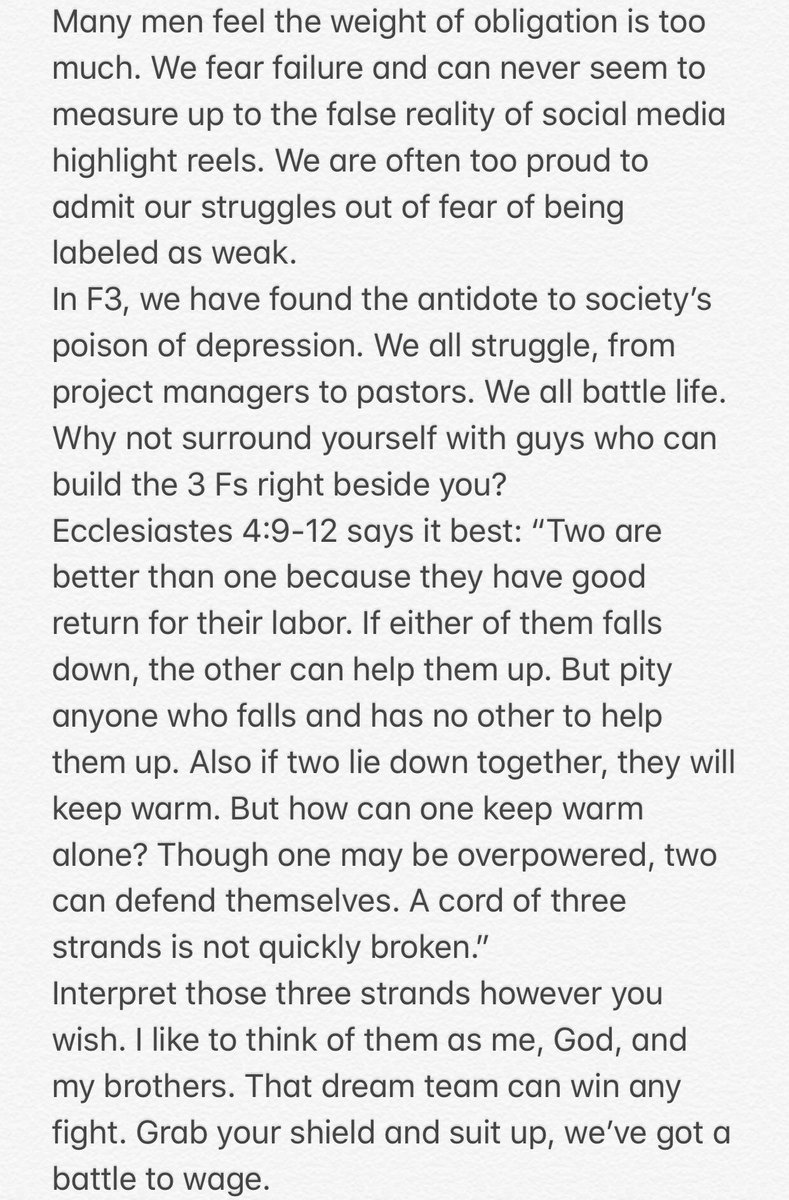 The highest suicide rate in the US is adult males between 40 and 54. The average <a href="/F3Nation/">F3</a> PAX member falls in this range. Men, we must be our brother’s keeper. The answer is awareness, openness, and willingness. #F3MentalBattle