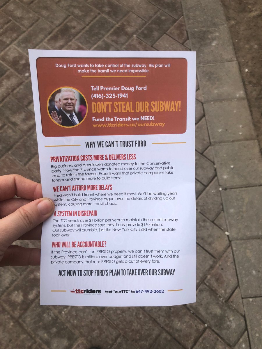 AGreatCapture's tweet photo. This is being handed out at all subways today. Let's #KeepTransitPublic #OurSubway #TTCriders #Transit #SaveOurSubway #Toronto #OurTTC! #ONpoli #TOpoli @ttcriders @blogTO @TORGuardian @torontodotcom @Toronto https://t.co/kWk2yDIdfl