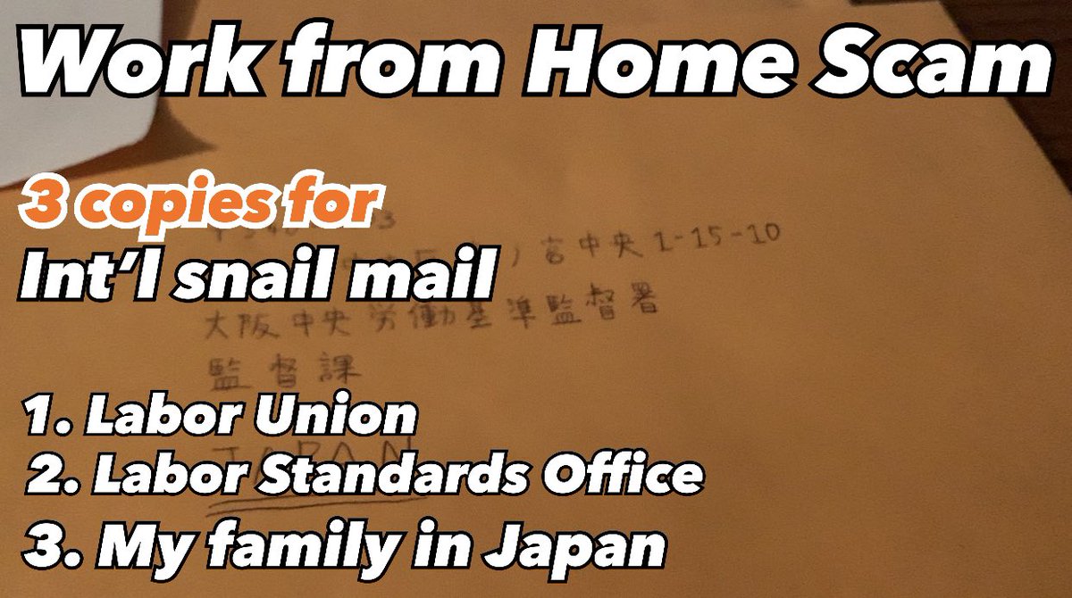 MOPilgrimage's tweet image. [Work from Home Scam] 3 copies for International snail mail (arrive earl... youtu.be/psi6IhvpBF0 via @YouTube #workfromhomescam #shorttermrental #airbnbmanagement #ghostwriter #ghostwriting #remotecustomerservice #Telecommunications #sweatshop #osaka #japanesecompany