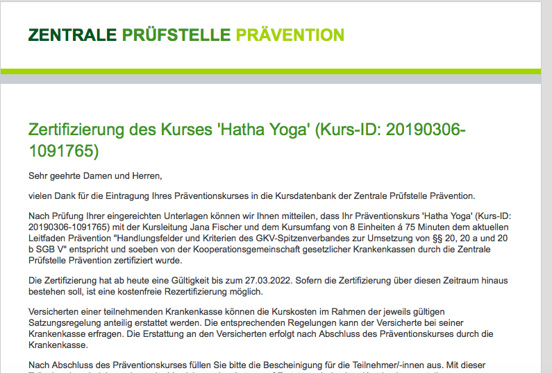 Yogatherapeutin's tweet photo. Meine Yoga-Kurse über 75min wurden heute von der Zentralen Prüfstelle Prävention bis 2022 zertifiziert. Für meine gesetzlich krankenversicherten TeilnehmerInnen heisst das, dass ihre Krankenkasse anteilig die Kurskosten trägt. Ich freue mich so für meine TeilnehmerInnen. #yoga https://t.co/WZGvtlJwJi