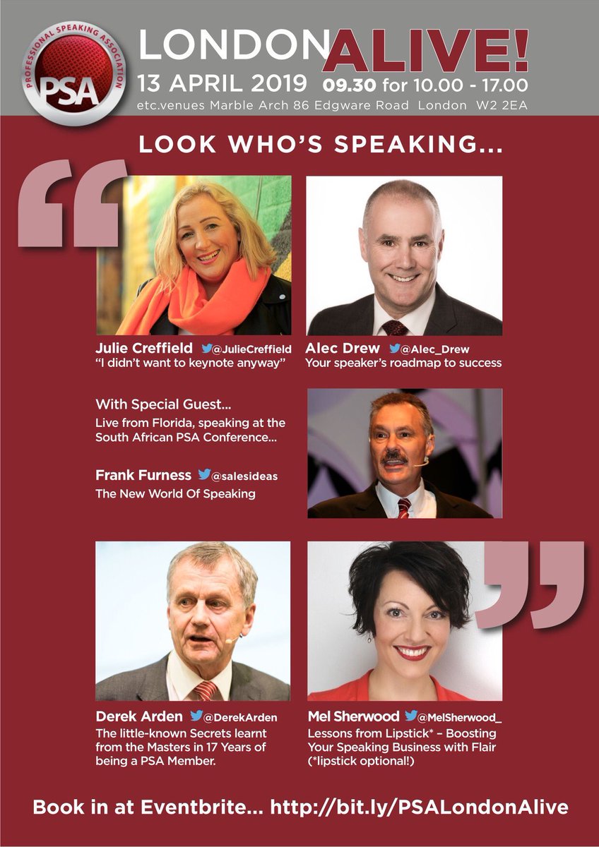 MelSherwood_'s tweet photo. Looking forward to speaking about how to boost your speaking business at the PSA London Alive event on 13 April #psauk #psascotland @psauk https://t.co/Dg9ZttHMRB