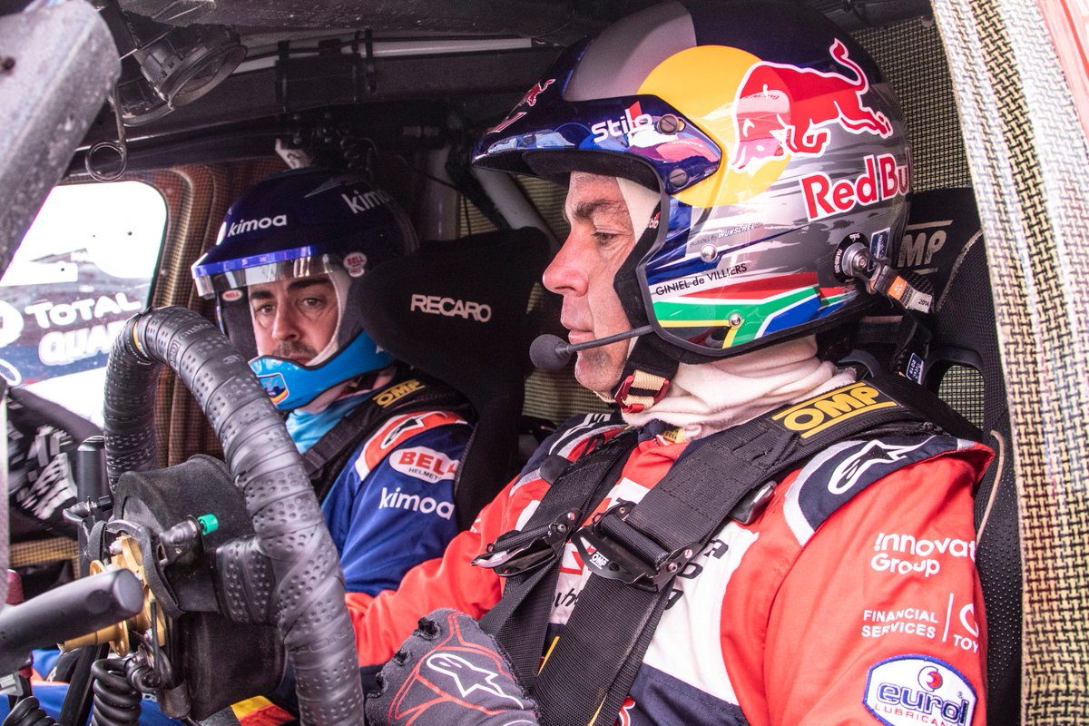 Quite a driving lesson for our #LeMans24 winner <a href="/alo_oficial/">Fernando Alonso</a>... experiencing a <a href="/dakar/">DAKAR RALLY</a> Hilux for the first time with <a href="/TheRealGiniel/">Giniel de Villiers</a> and <a href="/TOYOTA_GR/">TOYOTA GAZOO Racing</a>. It's going to be fun a ride in the desert 🌞Have fun #PushingTheLimitsForBetter