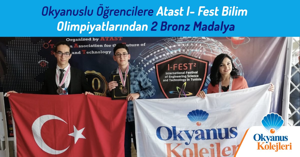 okyanuskoleji's tweet photo. Okyanus Koleji Öğrencilerine Tunus I-Fest Bilim Olimpiyatlarında 2 Bronz Madalya!
https://t.co/6sHZdHSKe2
#OkyanusKoleji #Atast #IFEST #Bilim #Olimpiyat https://t.co/gGBHOsfpSS