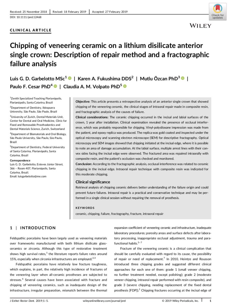 malshehri_dr's tweet photo. Chipping of veneering ceramic on a #lithium #disilicate #anterior single #crown
J Esthet Restor Dent 2019
#occlusal interference was related to #ceramic #chipping in the #incisal edge. #Intraoral repair technique with #composite #resin was indicated for this moderate chipping https://t.co/56yjO3x82g