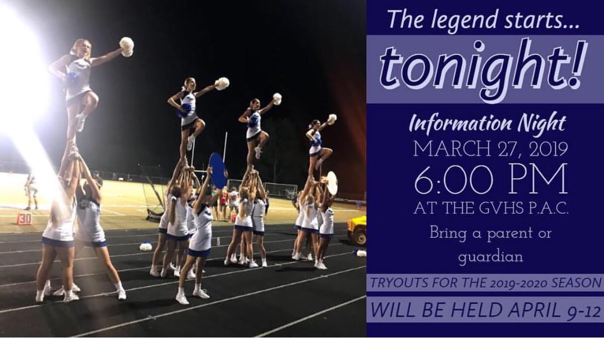 DCCheer's tweet photo. HS/MS Cheer Tryout meeting TONIGHT!  Don’t miss it!! #belegendary https://t.co/6zDalKcLiH