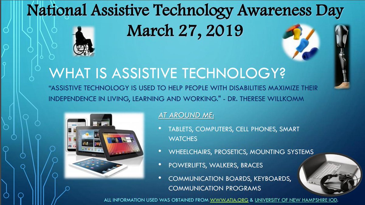 Description of what assistive technology is and examples with pictures of pencil grips, a computer and headphones, tablets, and a wheel chair.