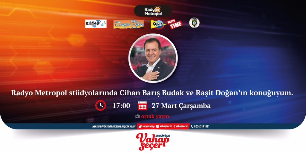 VahapSecer's tweet photo. Gazeteciler Cihan Barış Budak ve Raşit Doğan soracak; ben yanıtlayacağım. #RadyoMetropol, #SilifkeFM, #MutluFM, #RadyoTime, #TempoFM ortak yayınında gerçekleştireceğimiz bu keyifli sohbete davetlisiniz. Kulağınız radyonuzda olsun.📻📻🎶🎶 https://t.co/RIM2DO88uK