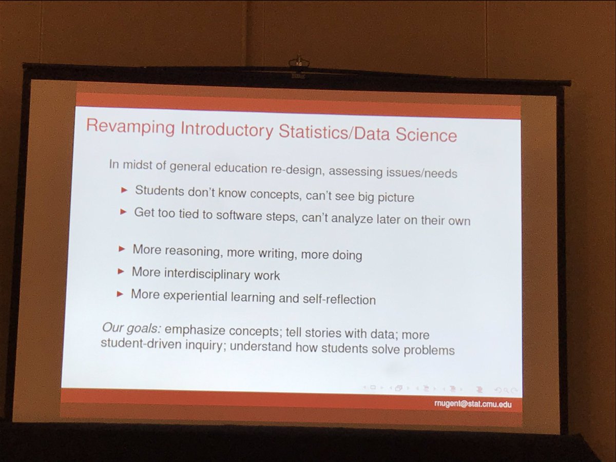 stephaniehicks's tweet photo. Rebecca @CMU_Stats describing goals in revamping introductory #statistics #datascience courses at CMU: more reasoning, doing, interdisciplinary work, experiential learning, and self-reflection #ENAR2019 https://t.co/NEXc3V2kbW