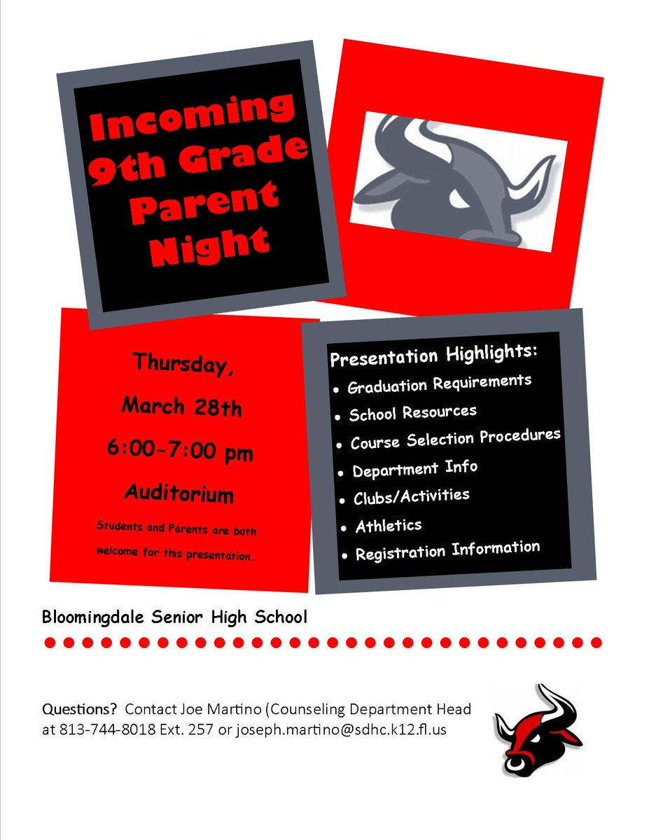 Incoming 9th grade parent night is tomorrow night, 3/28, from 6-7 in the BSHS auditorium.  Class of 2023 students and parents are encouraged to attend. <a href="/HCPSBurns/">Burns Middle School</a> <a href="/dowdellmagnet/">Dowdellmagnet</a> <a href="/BloomingdaleSHS/">Bloomingdale SHS</a>