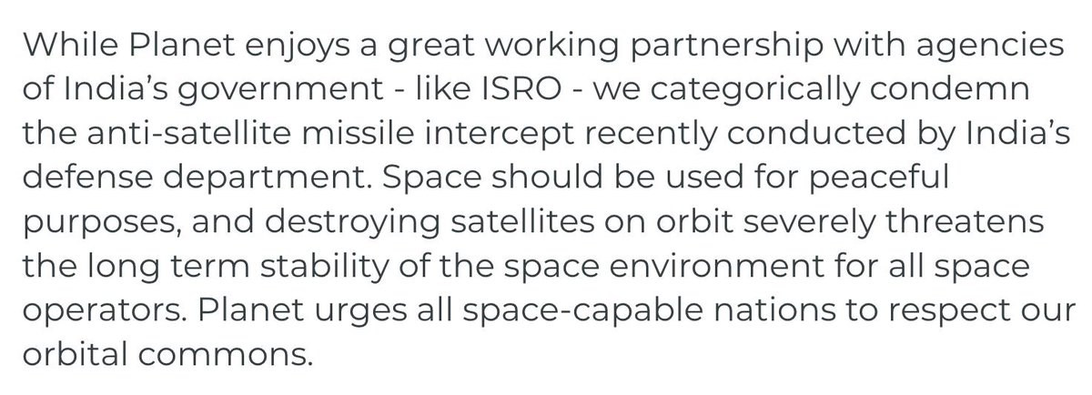 planet's tweet image. Planet’s response to India’s testing of an anti-satellite missile.