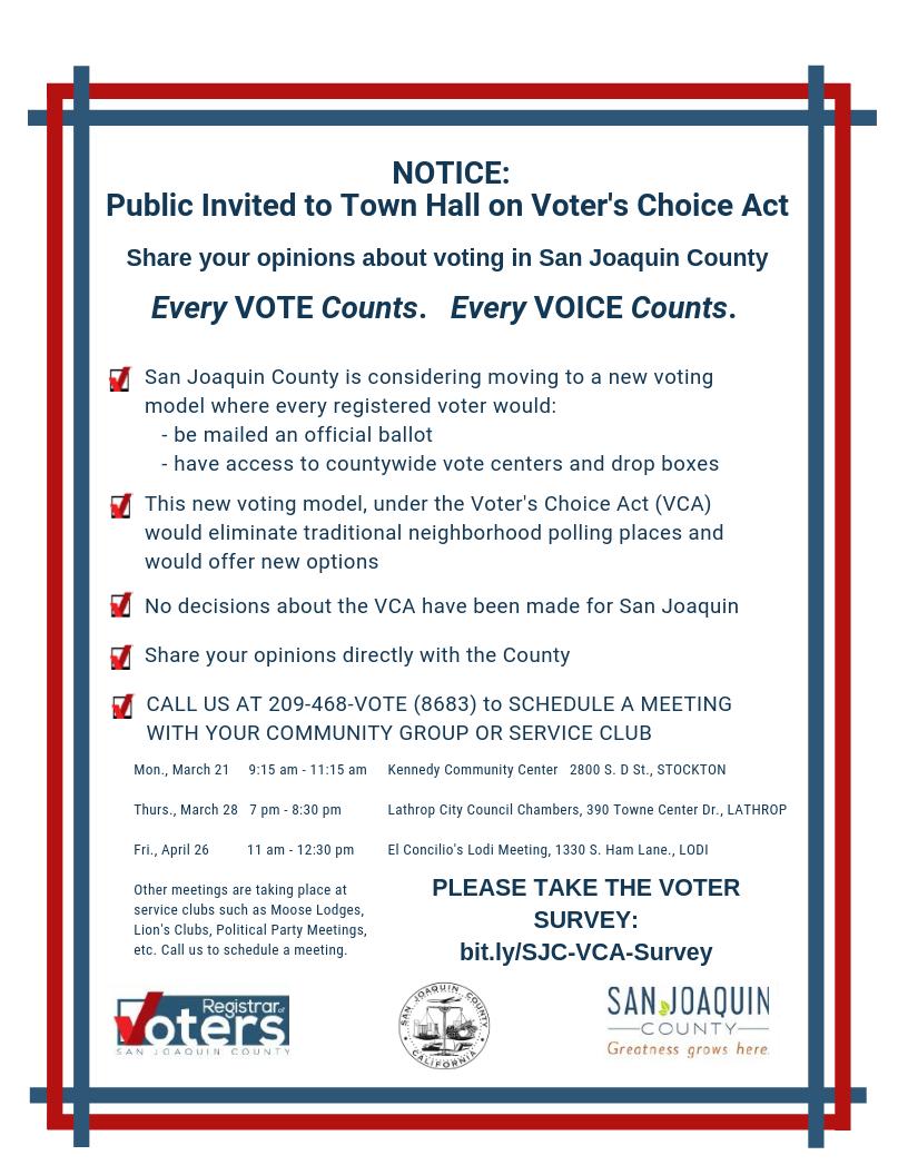 The #SJCROV team will be the Lathrop City Council Chambers on Thursday at 7 PM to discuss the #VotersChoiceAct and voting models in #SanJoaquinCounty. Please attend to share your thoughts on voting in San Joaquin County <a href="/cityoflathrop/">City of Lathrop</a>