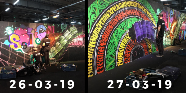 SignPrintExpo's tweet photo. Live street art door Graffitinetwerk! Het verschil tussen dag 1 en 2 is al duidelijk zichtbaar. Bekijk morgen het eindresultaat bij Sign &amp; Print Expo in Gorinchem.

#signprintexpo #signprintexpo2019 #omnichannel #communicatie #visueel #design #streetart #graffitinetwerk https://t.co/4gsMvUvvsO