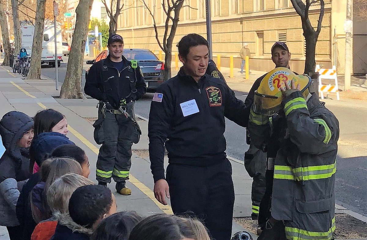 PhillyFireDept's tweet photo. Ladder 23 and CAT 1 stopped by @icscharter in Center City today for a fire prevention lesson. #FireIsEveryonesFight https://t.co/FVi7GAuG0A