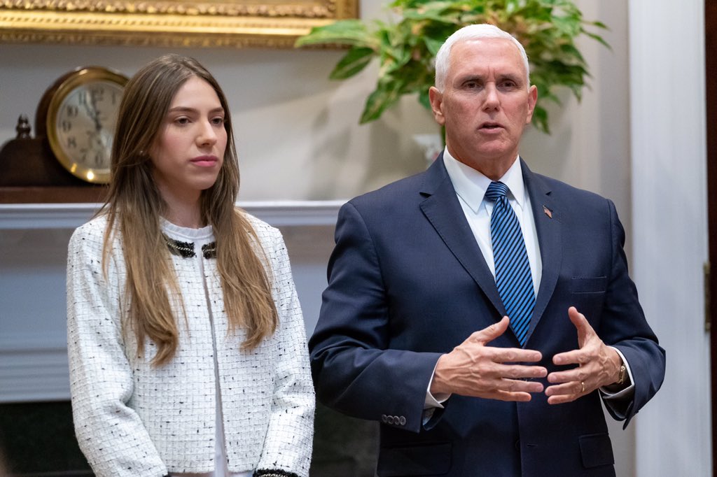 VP45's tweet photo. Honored to welcome @FabiiRosales, wife of Venezuelan Pres. @Jguaido to the @WhiteHouse today. Her courage is an inspiration. @Jguaido is the only legitimate President of Venezuela. I told @FabiiRosales &amp; @JGuaido: we’re with you &amp; will stand with you until #libertad is restored https://t.co/OyQKBXP1l5