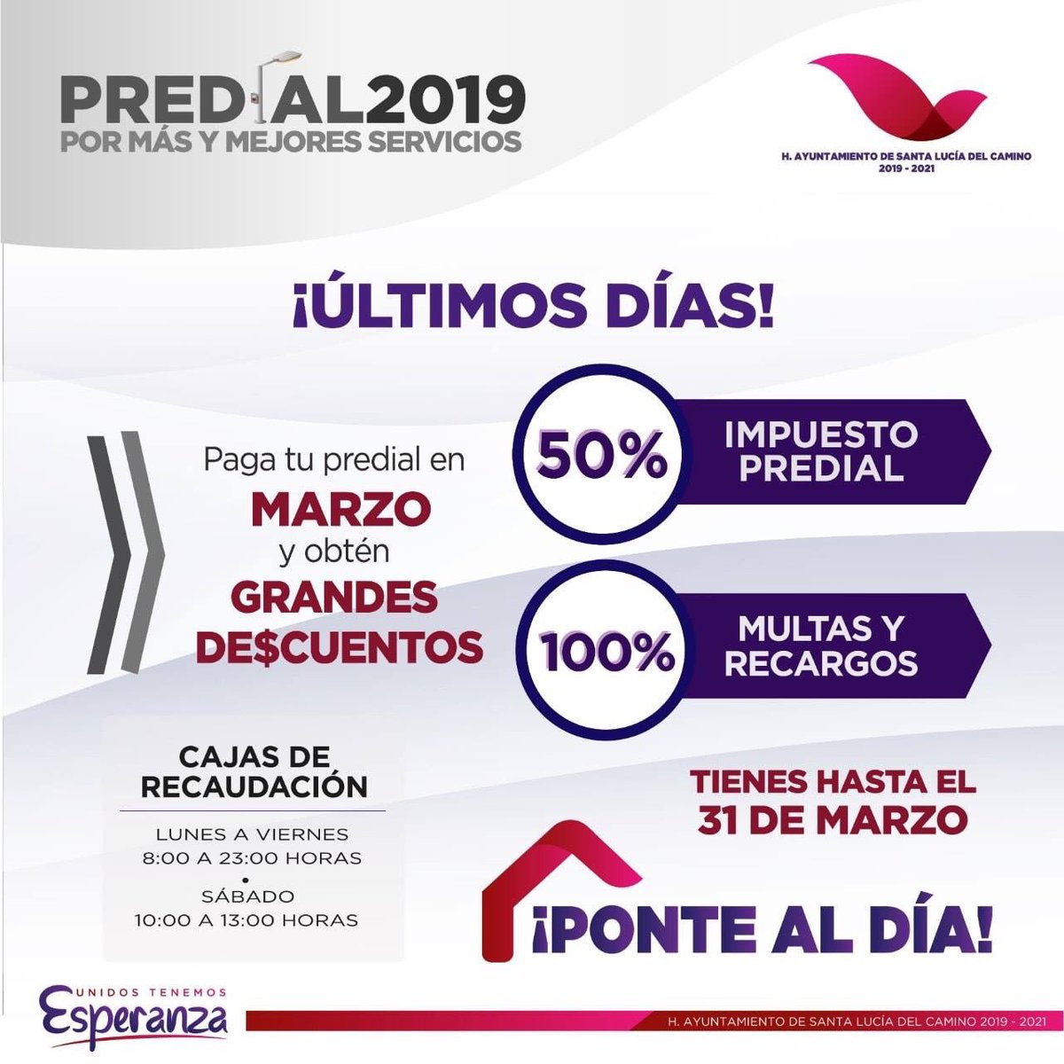 VicManOaxaca's tweet photo. El H. Ayuntamiento de Santa Lucía del Camino hace la siguiente invitación:
Si aún no has realizado tu pago del #Predial2019, todavía puedes obtener descuentos del 50% en el impuesto predial y 100% en multas y recargos; tienes hasta el 31 de marzo.
[@DANTEMONTANO ] https://t.co/MVSzAapSN1