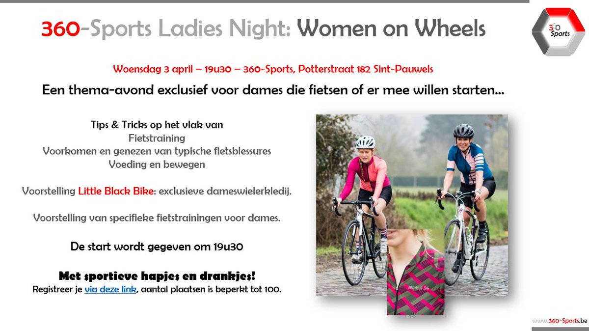 Woensdag 3 april 19u30: Ladies Night 'Women on wheels'. Alles voor fietsende dames, van beginner tot fanaat. Met oa praktische tips en een voorstelling van dameswielerkledij, Schrijf je hier in: ow.ly/6X7T50n4SqT