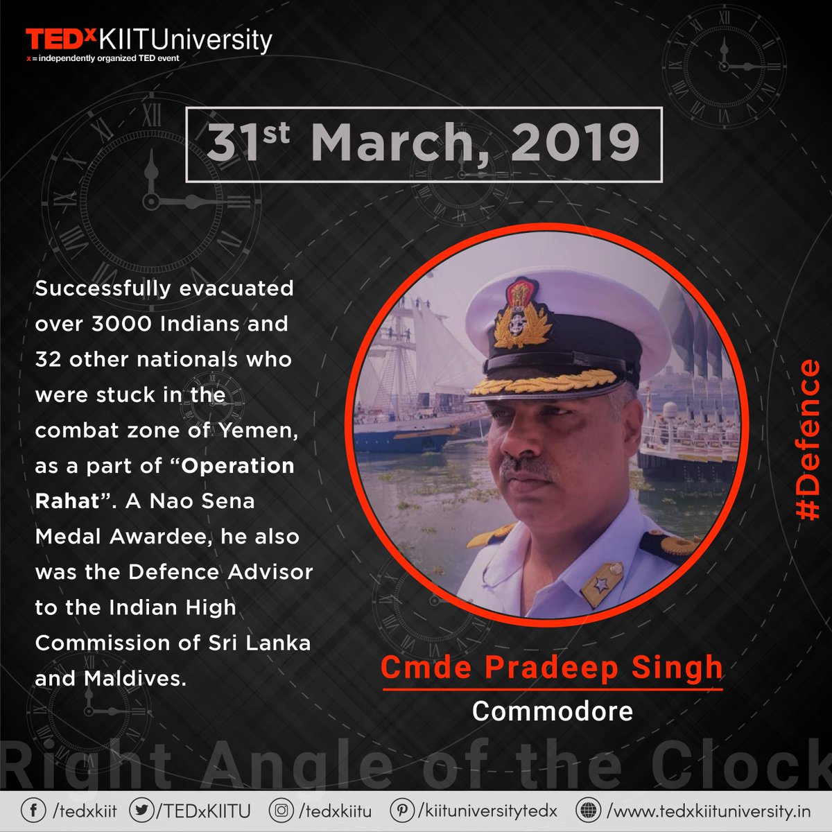 TEDxKIITUniversity (@tedxkiitu) on Twitter photo A Nao Sena Medalist and the flagbearer of Operation Rahat in Yemen, we present to you our first speaker of <a href="/TEDxKIITU/">TEDxKIITUniversity</a> 2019- Commodore Pradeep Singh.
Register at tedxkiituniversity.in .
#ted #tedx #tedxkiituniversity #tedxkiitu2019 #ideasworthspreading #RightAngleOfTheClock A Nao Sena Medalist and the flagbearer of Operation Rahat in Yemen, we present to you our first speaker of <a href="/TEDxKIITU/">TEDxKIITUniversity</a> 2019- Commodore Pradeep Singh.
Register at tedxkiituniversity.in .
#ted #tedx #tedxkiituniversity #tedxkiitu2019 #ideasworthspreading #RightAngleOfTheClock
