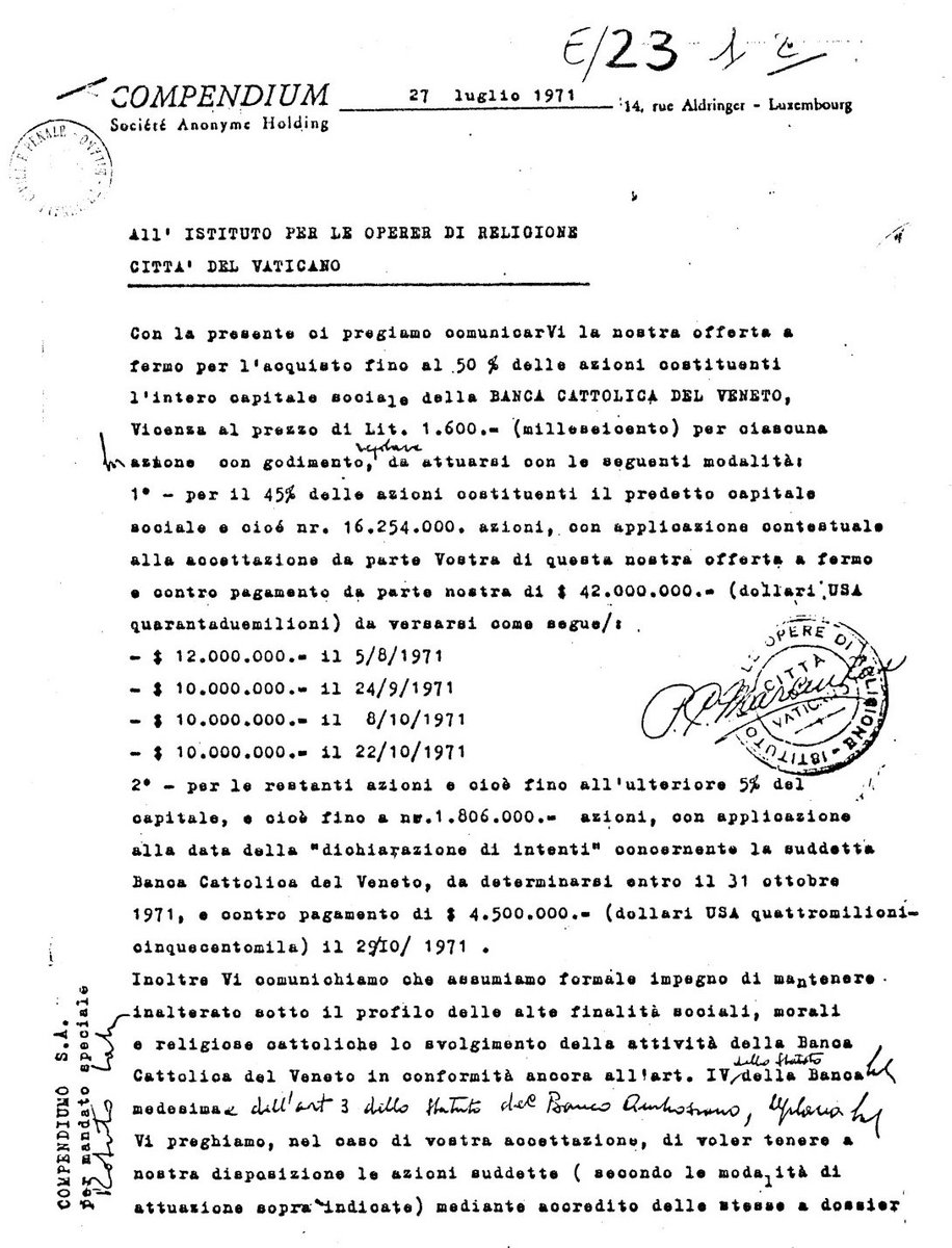 Wikileaks_Ita's tweet image. #VaticanFiles La società anonima #Compendium del Lussemburgo fa un offerta allo #IOR per rilevare il 50% della Banca Cattolica del Veneto (1971) #BadBank #FinanzaCriminale