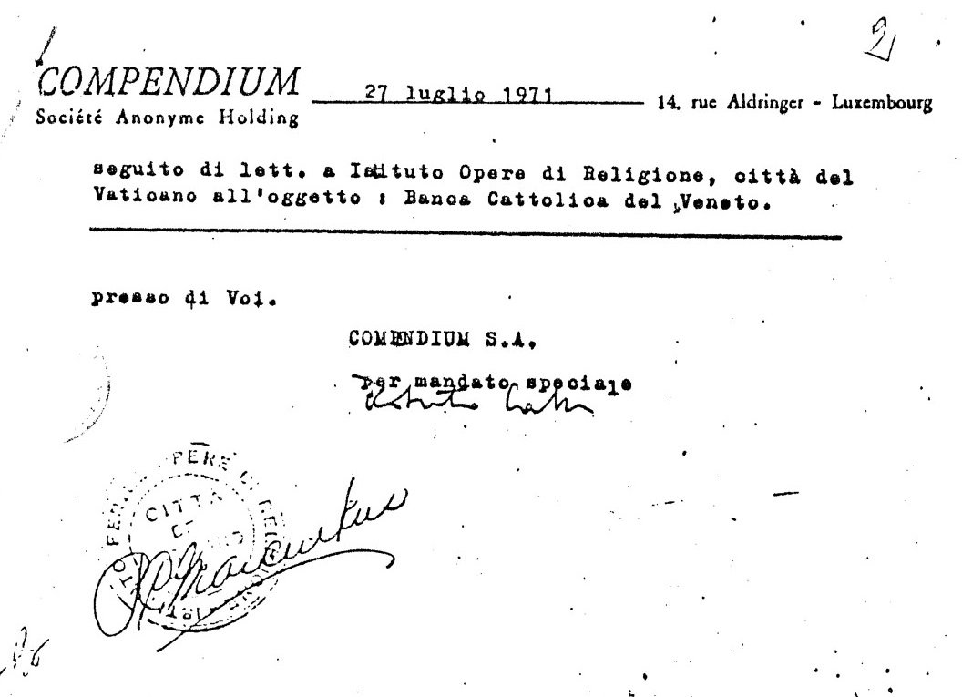 Wikileaks_Ita's tweet image. #VaticanFiles La società anonima #Compendium del Lussemburgo fa un offerta allo #IOR per rilevare il 50% della Banca Cattolica del Veneto (1971) #BadBank #FinanzaCriminale