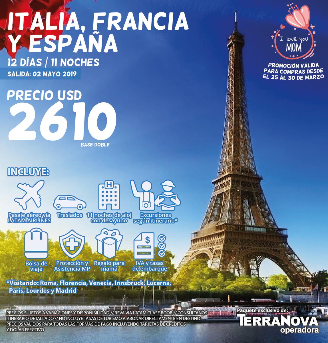 terranovapy's tweet photo. Ya estas pensando en el mejor regalo para Mamá?? Aquí las mejores opciones de Europa para hacerla inmensamente feliz!! Promoción para compra del 25 al 30 de Marzo!! Consulte con su agencia de viajes favorita! https://t.co/gAehxH0Amp