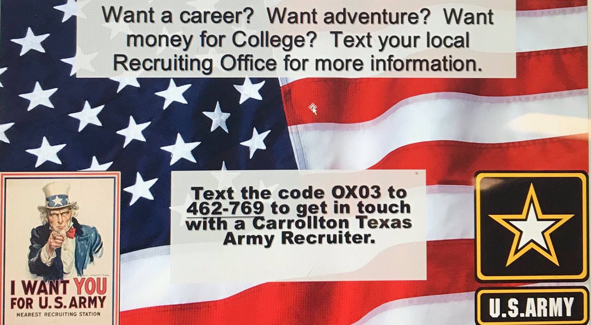 CarrolltonUs's tweet photo. Tired of your job? Need a little excitement in your life? Would you like to travel the 🌎? Text the Carrollton Army Recruiting Station and get some FREE information on how we can help you. @USARDallasBNCDR @CSM_Dallas @Lewisville_CO https://t.co/ygJ7BQwcz3