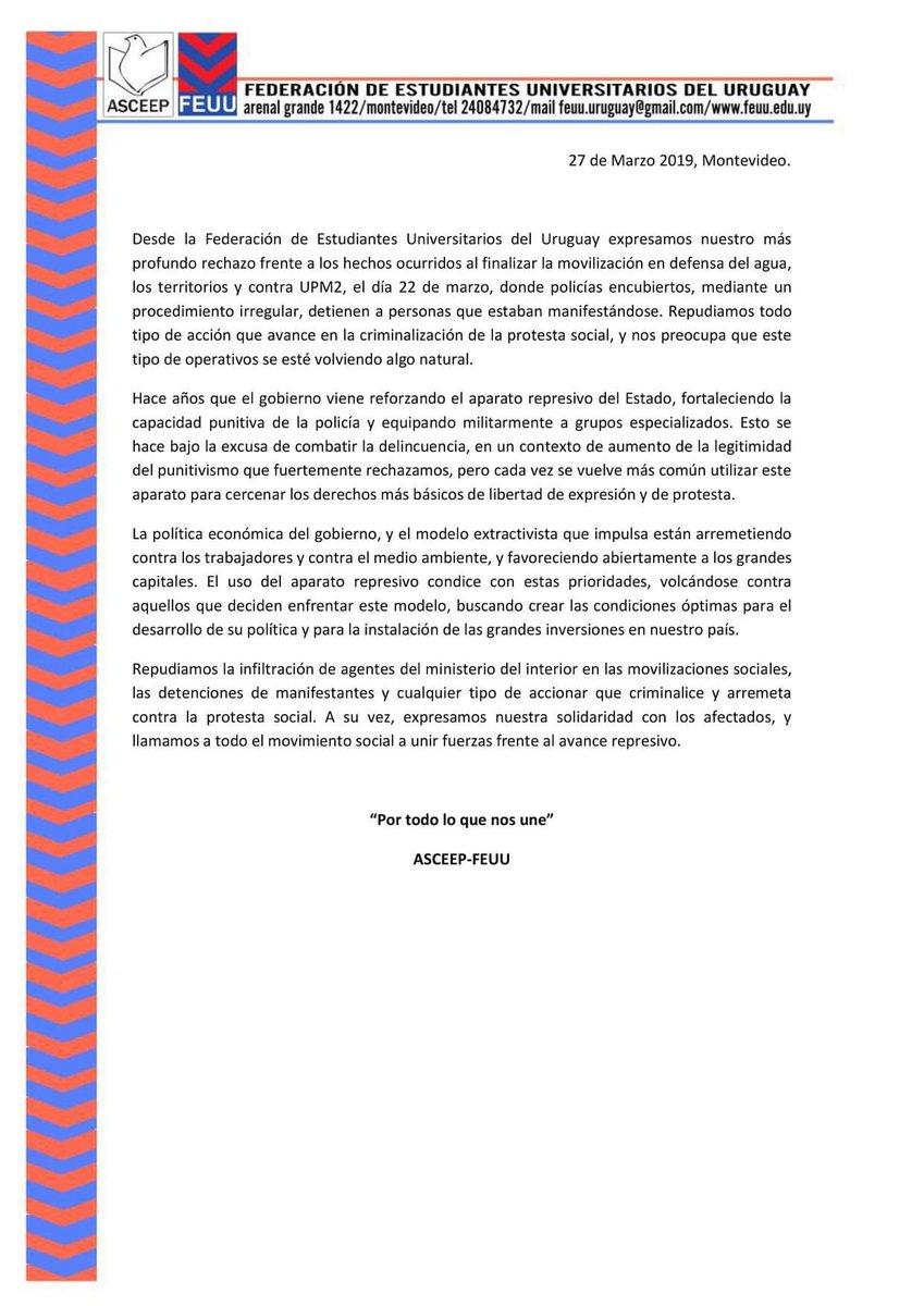 Ante lo hechos ocurridos en la marcha por el Día Mundial del Agua, la FEUU declara: