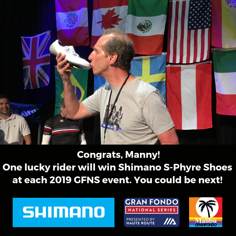 ridemgf's tweet photo. Congratulations to Manny on winning a pair of @rideshimano S-Phyre shoes at @ridemgf! 
Want to win a pair for yourself? Ride any 2019 Gran Fondo National Series event and you'll be eligible to win!

#GFNS #rideshimano #ridemgf https://t.co/GXYC7180v3