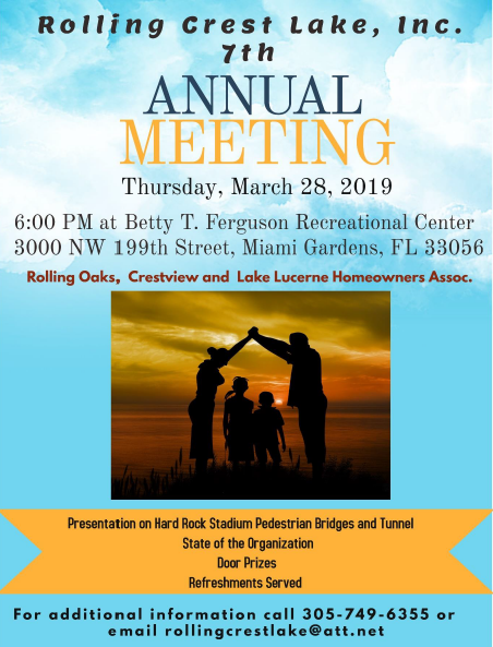 HardRockBridge's tweet photo. Join us Thursday, March 28, as we present at Rolling Crest Lake, Inc. (RCL) Annual Meeting! The meeting starts at 6:00 p.m. and will be held at the Betty T. Ferguson Recreational Center. @cityofmiagarden @hardrockstadium #PedestrianBridge #CityofMiamiGardens #SuperBowl2020 https://t.co/jeywlVVQ9Z