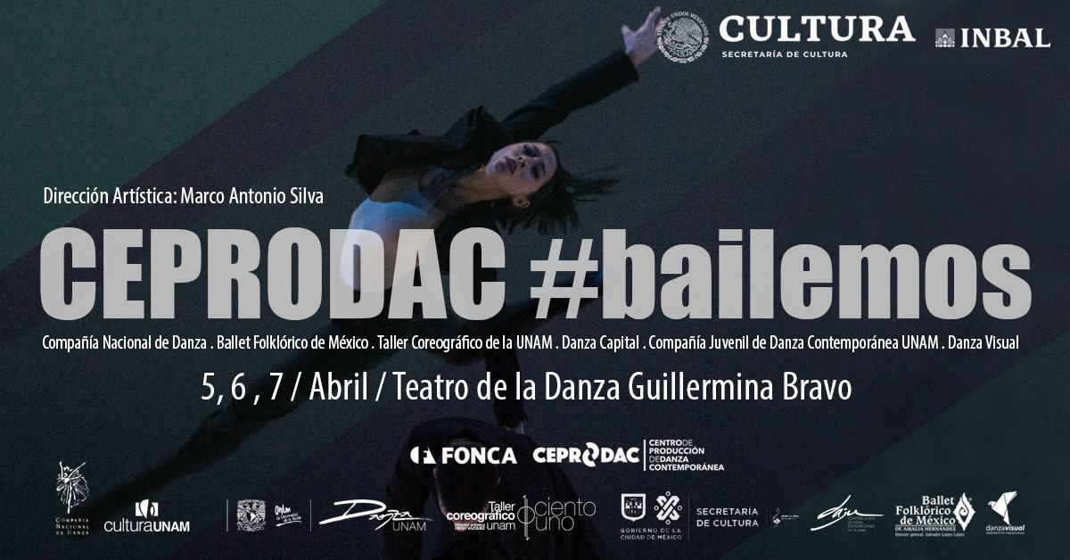 CEPRODAC's tweet photo. Bailar es comunión.

#bailemos es un programa donde hemos reunido a compañías, coreógrafos y creadores escénicos de inconmensurable talento.

¡Acompáñanos!

📆 5, 6 y 7 de abril 

⏰ 20:00, 19:00 y 18:00 horas

📍Teatro de la Danza Guillermina Bravo del @CCB_INBAL 

#CEPRODAC https://t.co/TjCFsIpNG7