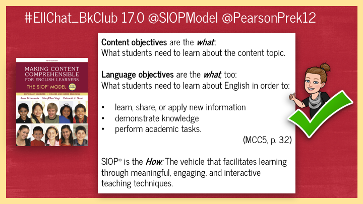 AllyteacherELLs's tweet photo. What are Content and Language Objectives?
#Ellchat_BkClub @SIOPModel #meta @PearsonPreK12 https://t.co/cbX5GR7vEU
