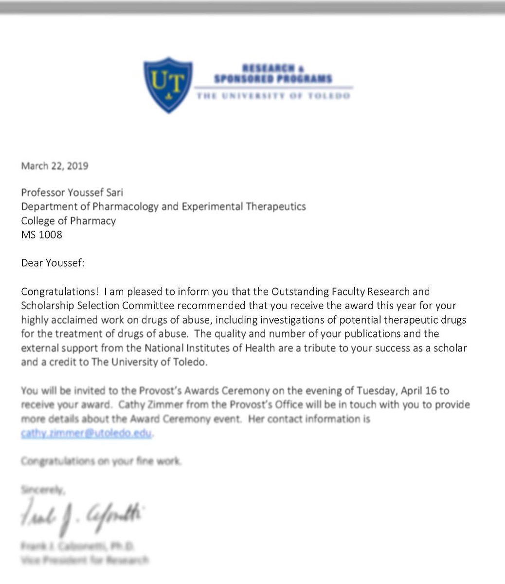 UToledoPharmacy's tweet photo. Please congratulate Dr. Youssef Sari on getting an award from the Outstanding Faculty Research Scholarship Selection Committee for his work with treatment for the abuse of drugs. Your work is very important, and we are proud to have you as a member of our college faculty! https://t.co/GHnWEBDOmm