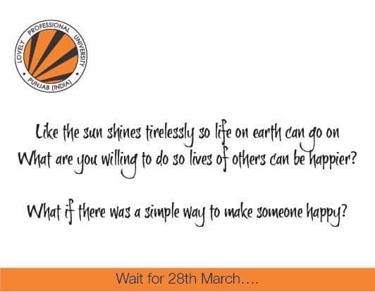 lpuuniversity's tweet photo. Share one thing that you did last week that made someone's day happier? What if there was a really simple way to make someone happy this season.
Wait for 28th March!
#ThinkBIG #ILoveLPU #LifeAtLPU #SomethingIsComing #LPUStore #CampusStore #UniversityShop https://t.co/CLVg3CKpeY