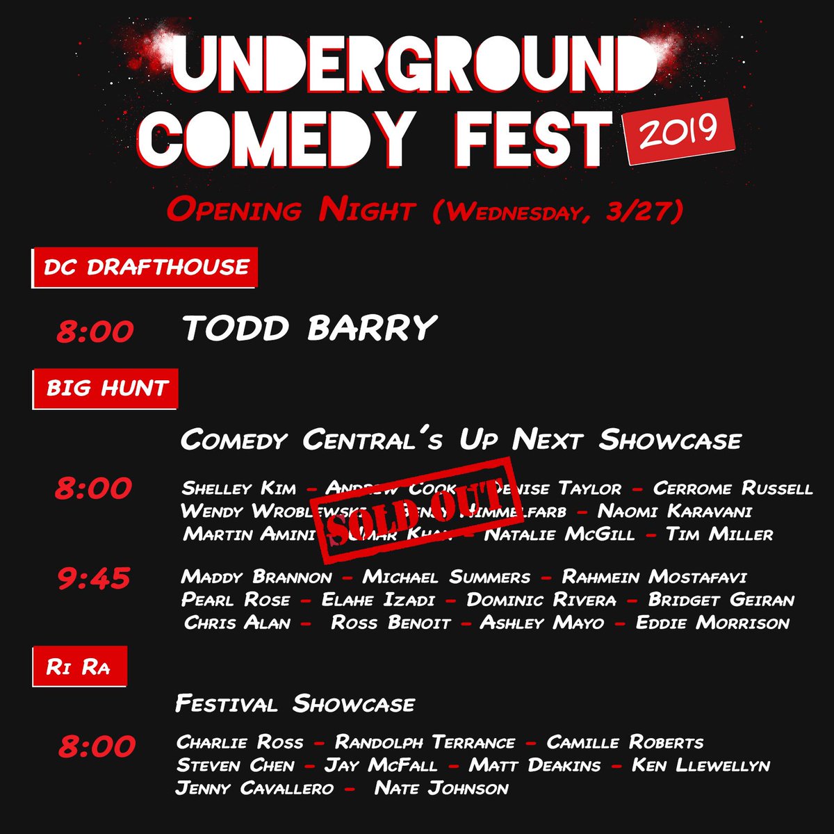 Our 8:00pm Comedy Central Up Next show is SOLD OUT! Hurry up people!!

#UCfest2019

undergroundcomedyfest.com