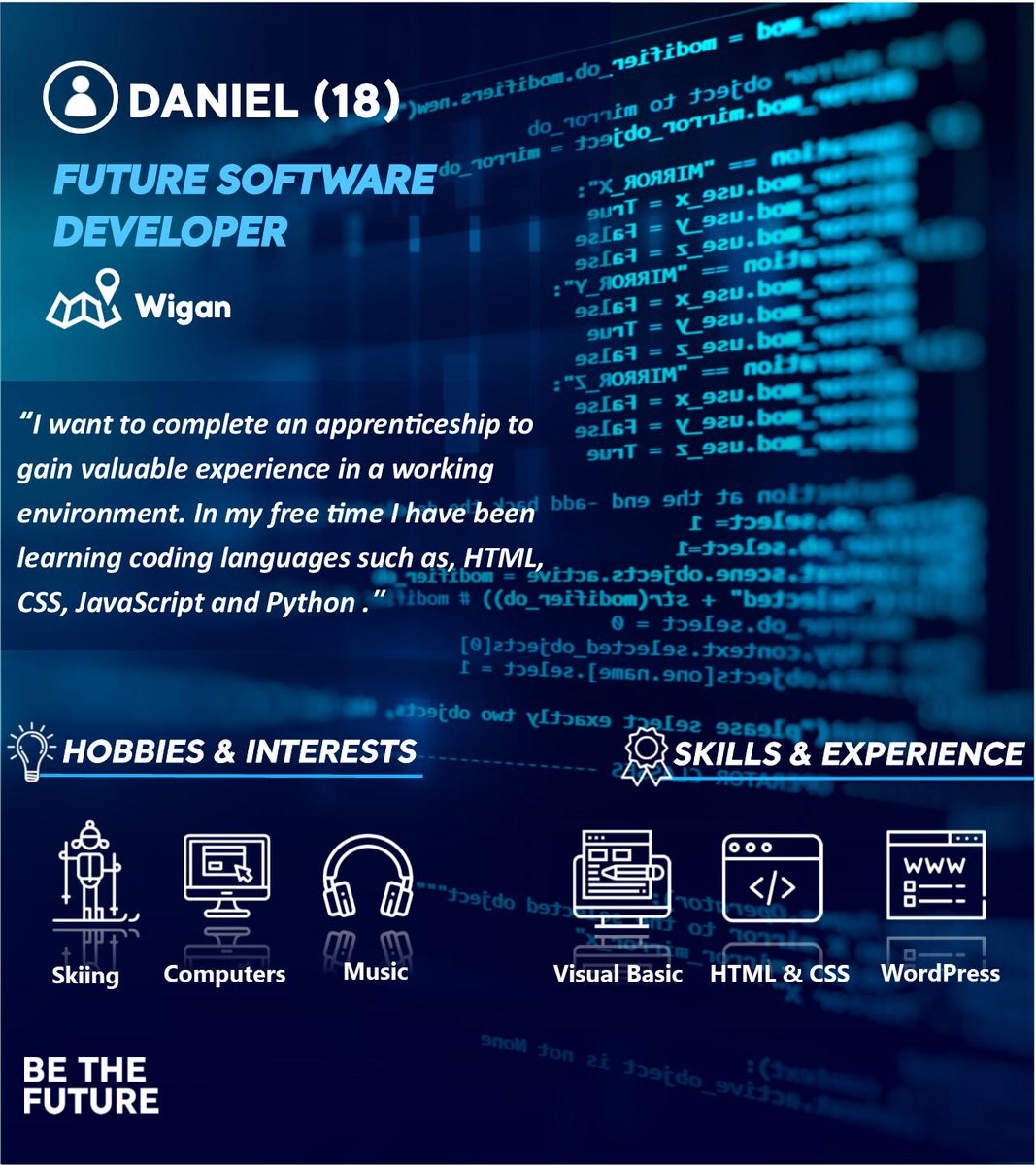 Software Development apprentice based in Wigan, has experience with HTML, CSS, Python and JavaScript.

01325 731 058
sean.taylor@baltictraining.com