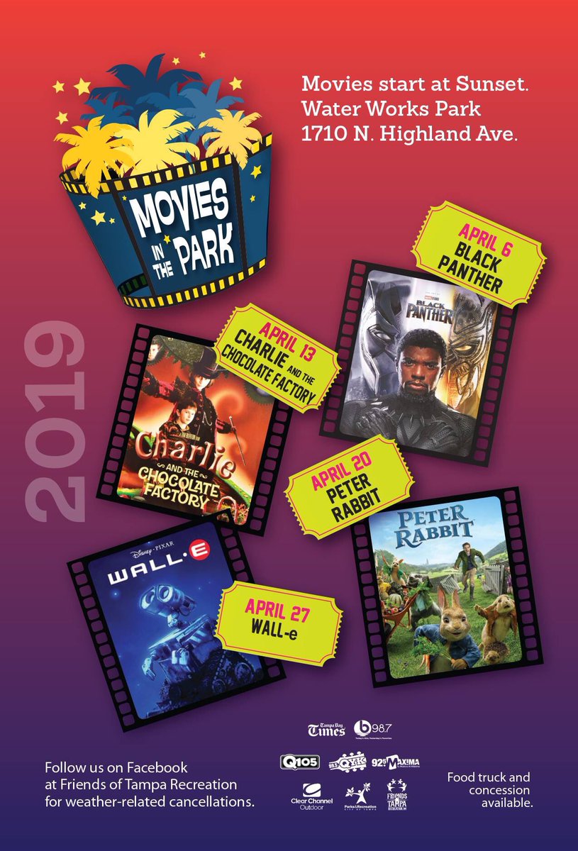 The original #MoviesinthePark returns to Water Works Park in April! Join us at sunset on Saturdays for these great family films! @tampaparksrec @CityofTampa @tampariverwalk @Uleletampa