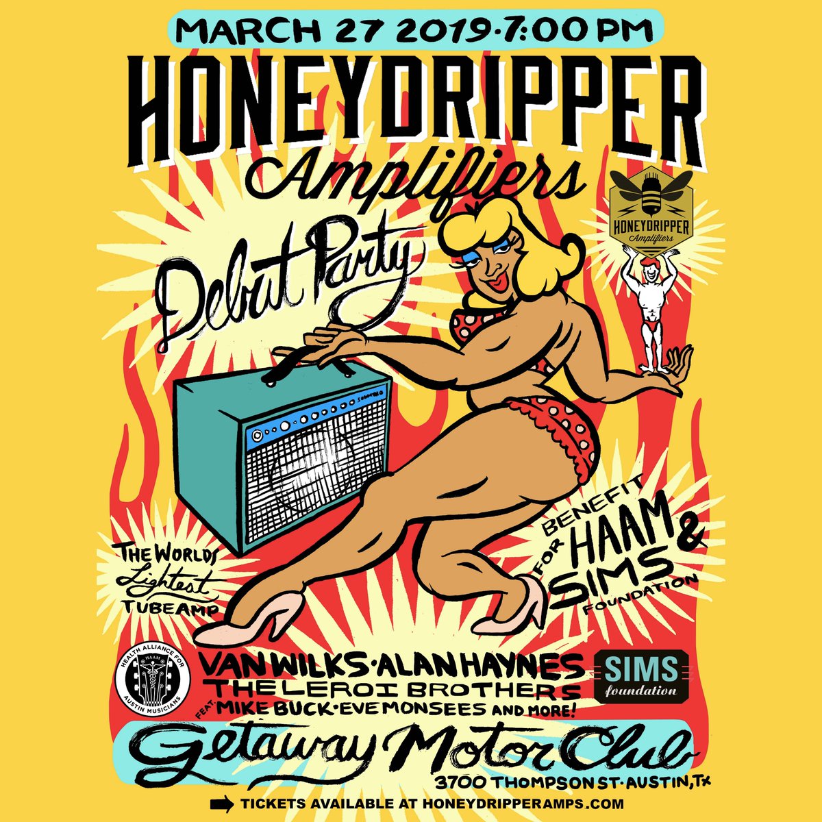 SIMSfoundation's tweet photo. Have you heard the sweet tone of a Honeydripper Amplifier? Come out to @getawaymotor tonight and hear performances by #VanWilks, #AlanHaynes, #TheLeRoiBrothers, #MikeBuck, @EveMonsees and more! Benefiting SIMS and @myhaam.

https://t.co/7Rip7tTPa2 https://t.co/fgpP5z9Rsl
