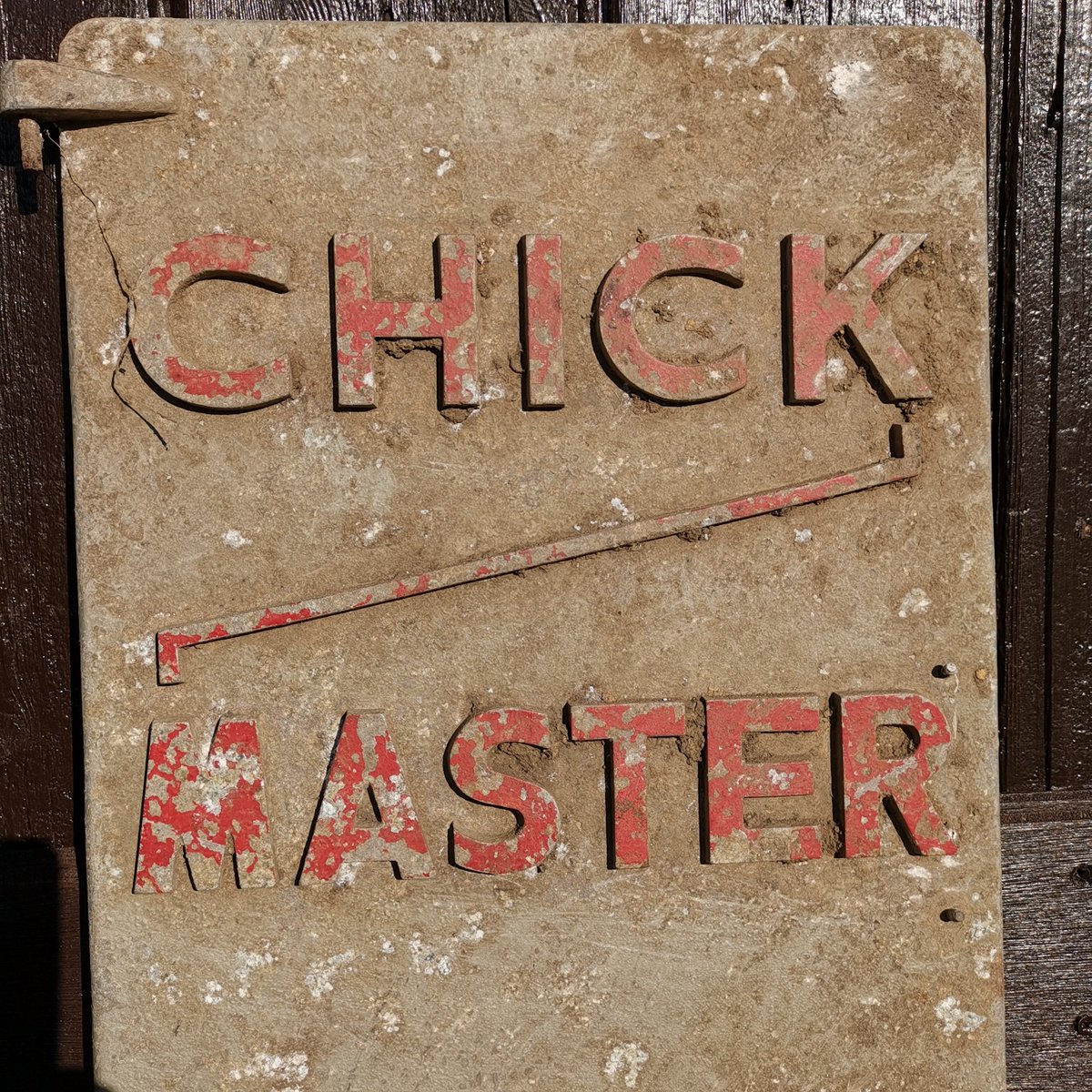 HomeAlchemy's tweet photo. Amusing vintage cast metal door promoting 'Chick Master' - believed to have been the door to an egg incubator produced mid C20th. For that Batchelor Pad of someone who thinks they are 'all that' :) #sign #chickmaster #babemagnet #batchelor #singleman #funny #decorative #eggs https://t.co/4VKJvtqigD