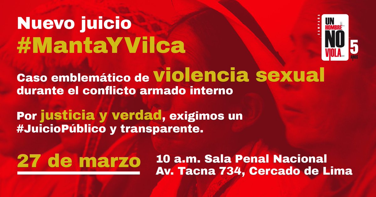 Hoy la Sala Penal Nacional decidirá si nuevo juicio de #MantaYVilca, caso emblemático de violencia sexual durante el conflicto armado, se desarrolla de manera pública o privada. Acompaña a las denunciantes para pedir #JuicioPúblico ahora.⚖️
