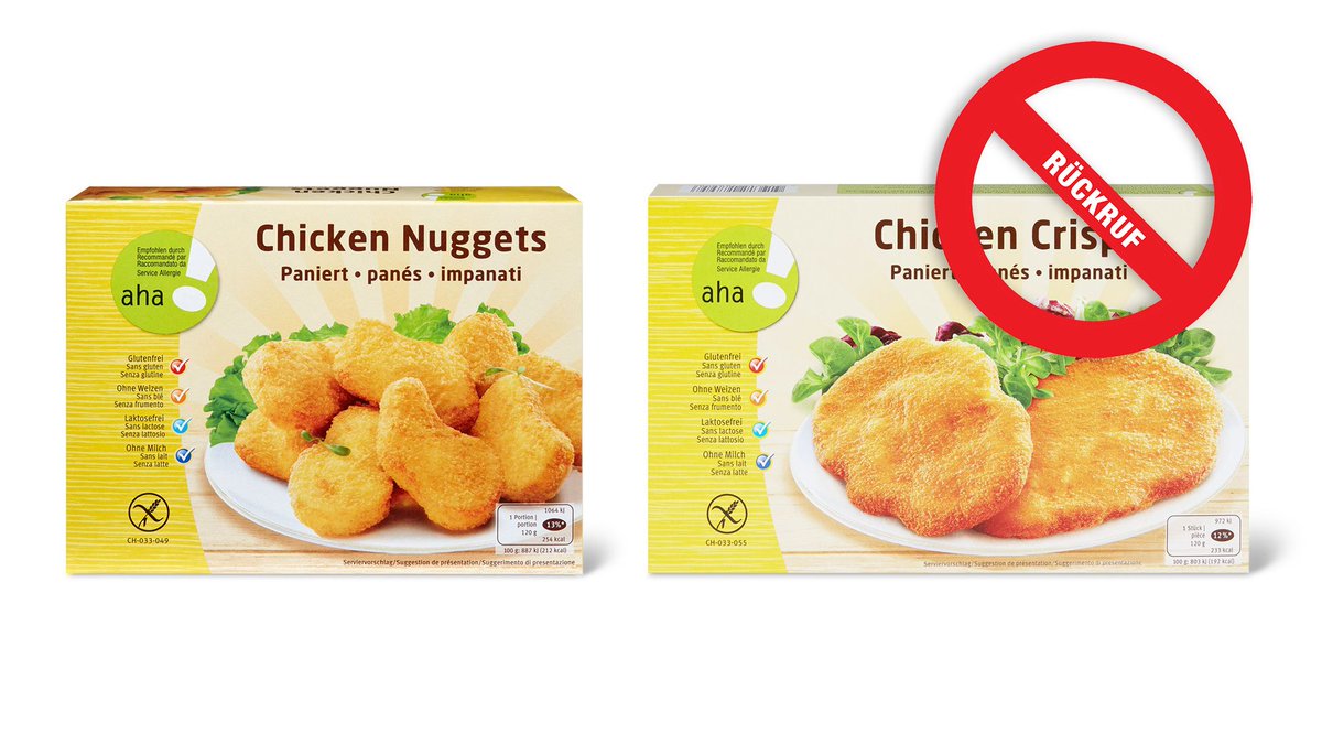 migros's tweet image. Rückruf «Aha! Chicken Nuggets» und «Aha! Chicken Crispy»: Bei einer internen Kontrolle wurde festgestellt, dass diese Weizen &amp;amp; Gluten enthalten können. Kunden mit Weizenallergie und/oder Gluten-Unverträglichkeit: Bitte nicht konsumieren und zurückbringen.
migros.ch/de/unternehmen…