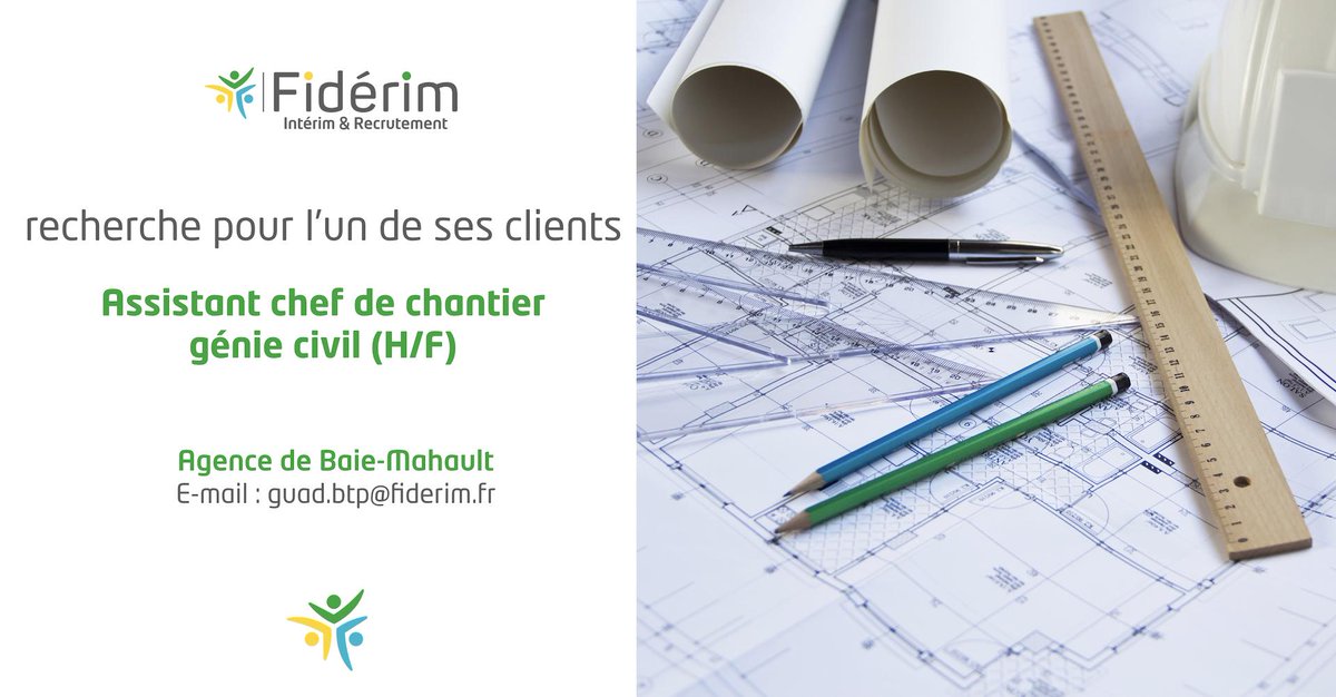 🔎 Notre agence Fidérim Baie-Mahault recherche pour l’un de ses clients, un assistant chef de chantier génie civil  (H/F). 
Découvrez l'offre ici ➡️  ow.ly/ncHX30odhBn