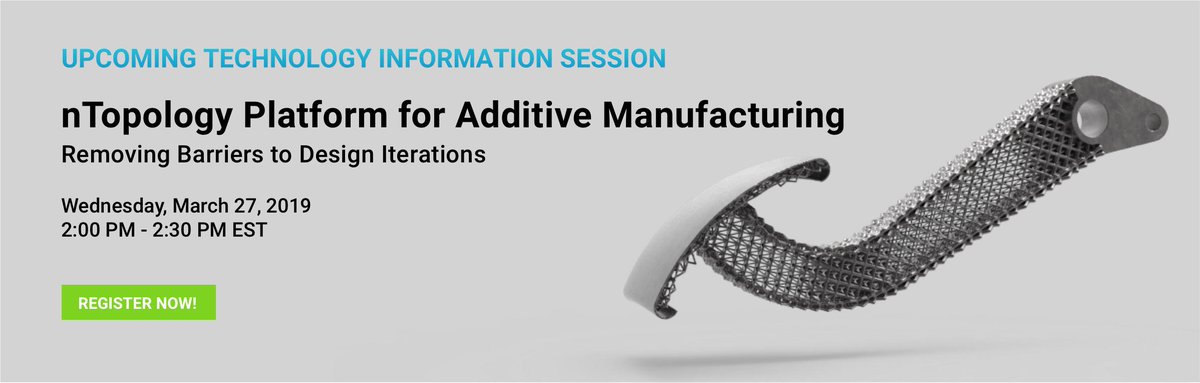 nTopology's tweet image. #nTopology is continuing its technical information series. Today we'll be exploring design for #additive manufacturing by leveraging the power of #implicitmodeling to dramatically decrease time needed for design iterations. Register now! bit.ly/2HLyZhg #dfam #3dmodeling