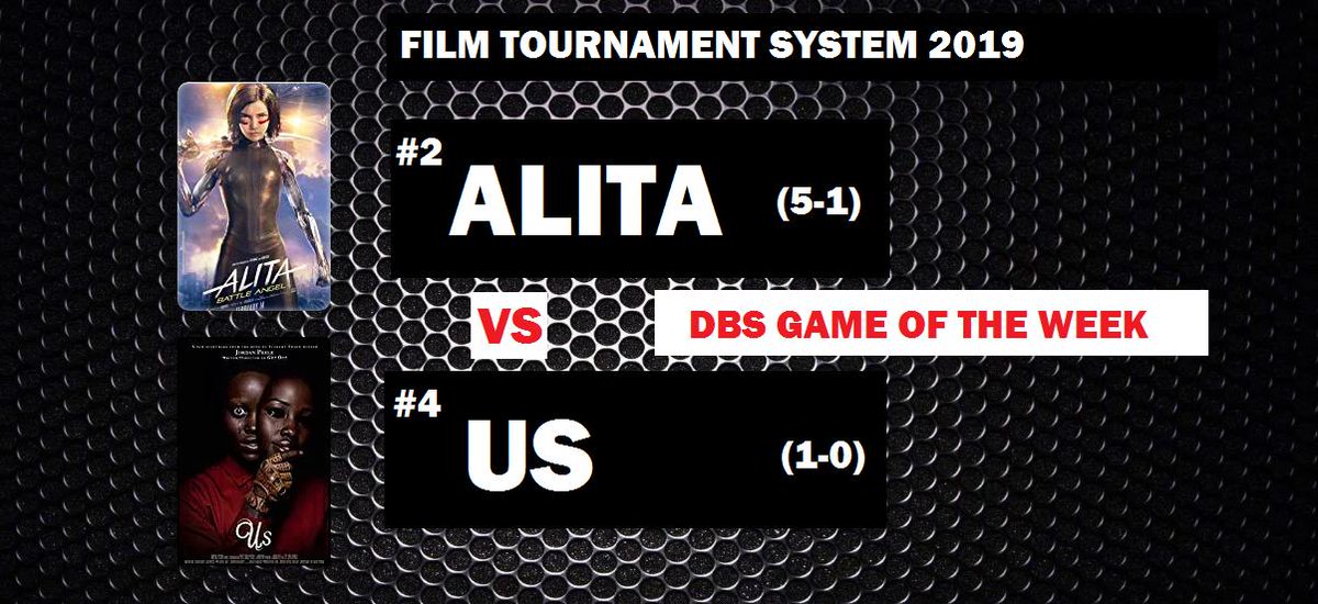 FTS_Innovations's tweet photo. DBS GAME OF THE WEEK: The DBS hunt is in full swing as #2 ranked Alita: Battle Angel takes on #4 ranked Us.
#AlitaBattleAngel #UsMovie #Filmtournamentsystem #DBS @AlitaMovie @UsMovie @JordanPeele @Variety_Film @EW @enews https://t.co/J2gGkxUJvj
