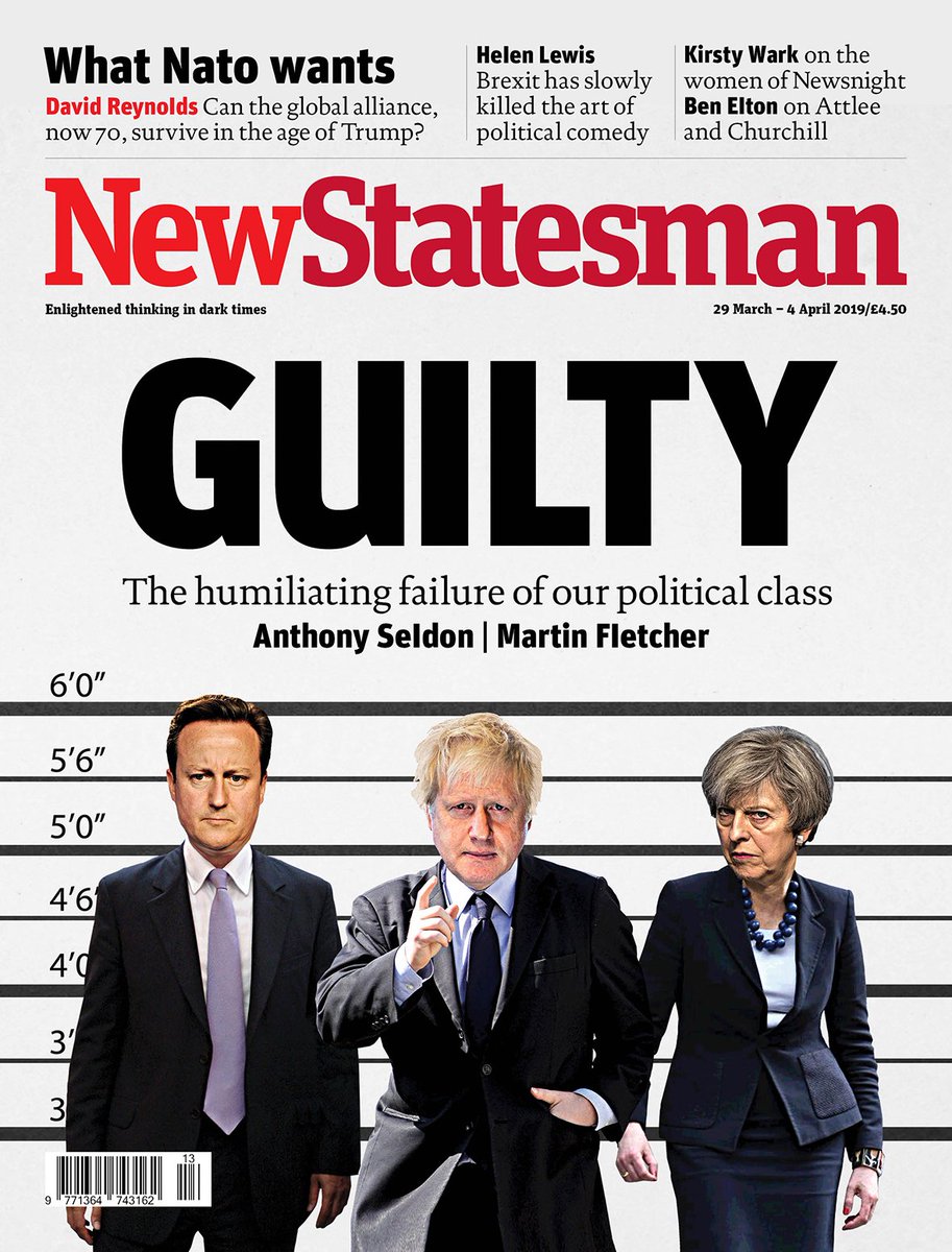 NewStatesman's tweet photo. This week's New Statesman cover: the humiliating failure of our political class by @AnthonySeldon and @mfletchertimes. Plus, @helenlewis on how Brexit has slowly killed the art of political comedy. https://t.co/Avdm0YhN5B