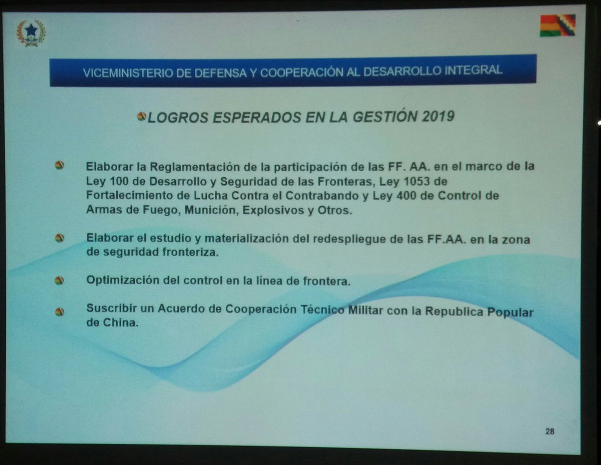 mindefbolivia's tweet photo. #Ahora / Viceministro #Begazo explica los logros esperados en la gestión 2019 por el Viceministerio de Defensa y Cooperación al Desarrollo Integral https://t.co/dOROlkAEWm